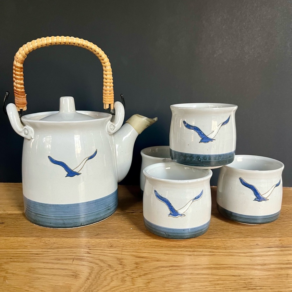 Otagiri Japan Ceramic Teapot 4 Cups Seagulls Tea Set Beach Coastal Blue Vintage